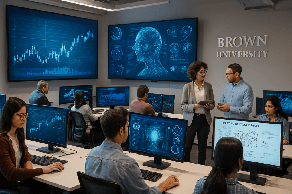Brown University AI research lab with students analyzing financial data using advanced technology.