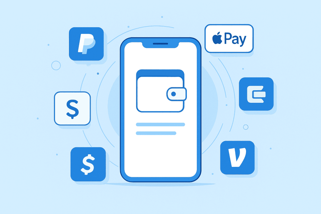 Top Digital Wallets in USA 2025 – modern illustration of mobile payment apps on smartphone.