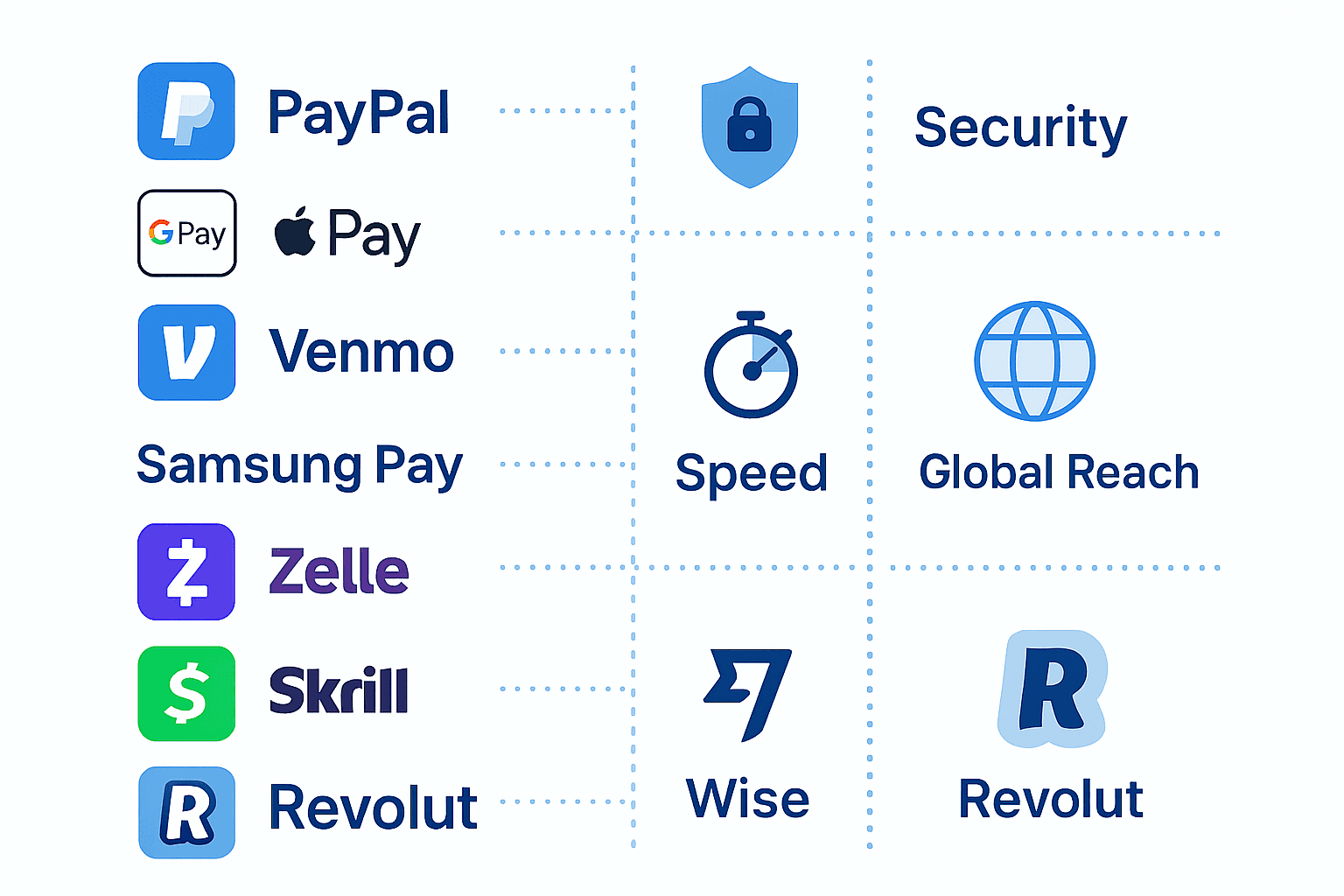 Comparison of Top Digital Wallets in USA 2025 – PayPal, Apple Pay, Google Wallet, Venmo, Cash App, Samsung Pay, Zelle, Skrill, Wise, Revolut.