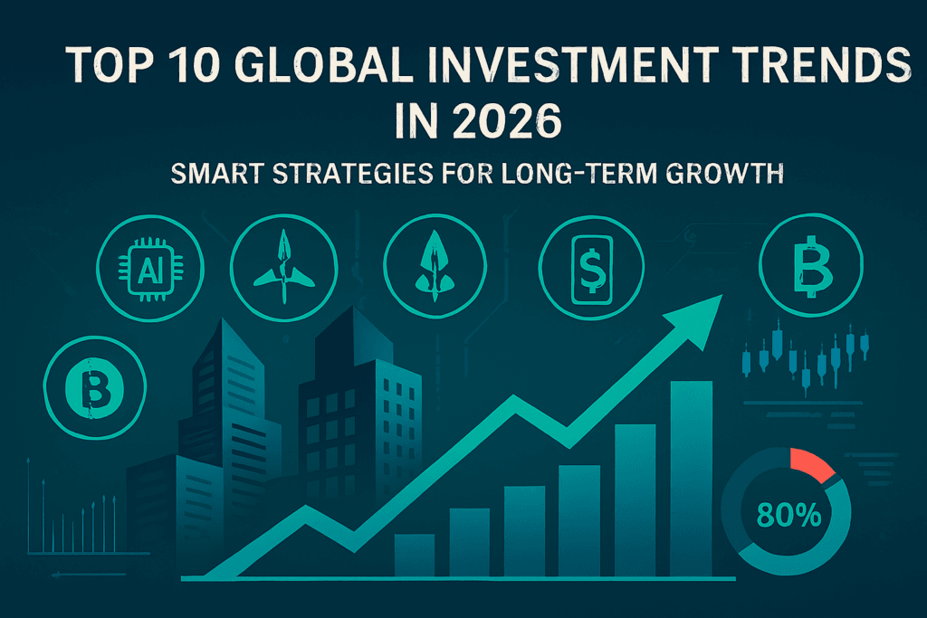 op 10 Global Investment Trends in 2026 – AI, blockchain, energy, private credit, and infrastructure icons