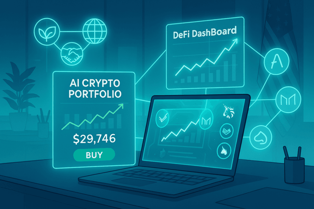 Future of AI crypto portfolio apps in USA 2026 with holographic dashboards, ESG icons, and DeFi integration.