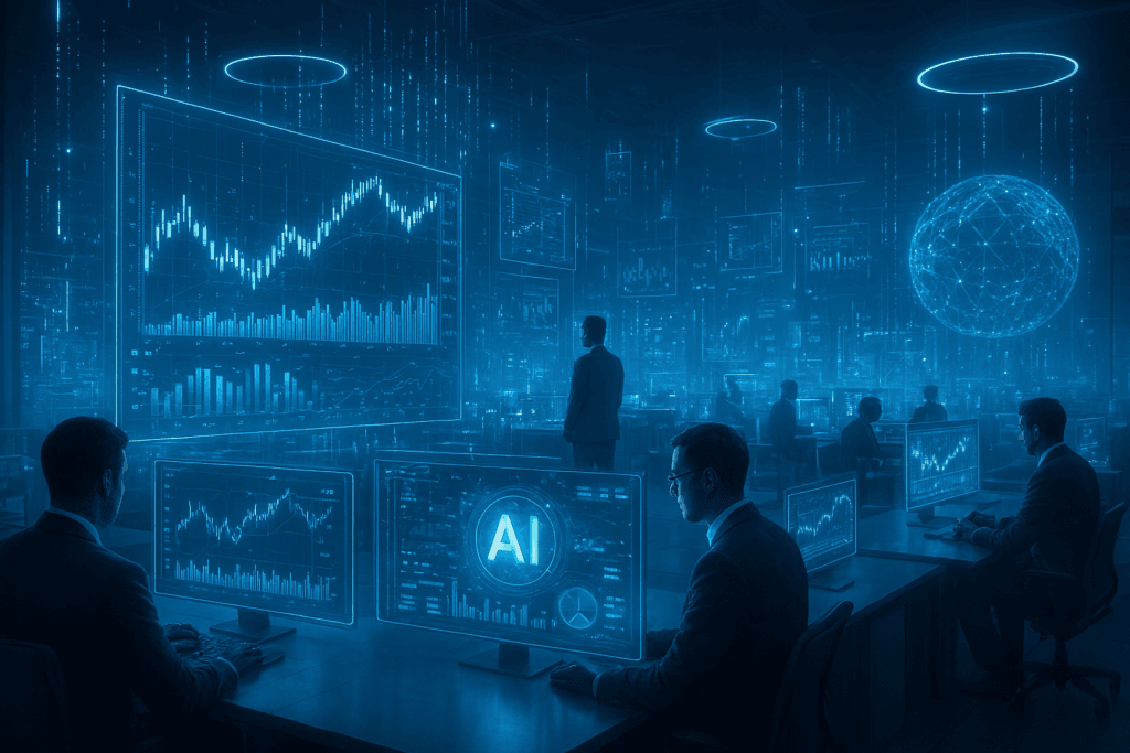 AI stock market prediction tools 2026 with futuristic trading floor and holographic charts