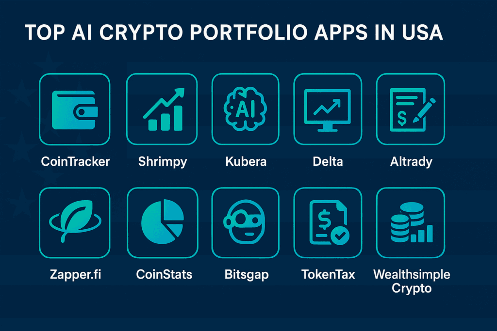 Top 10 AI crypto portfolio apps in USA 2026 with icons for wallets, charts, AI, and DeFi.